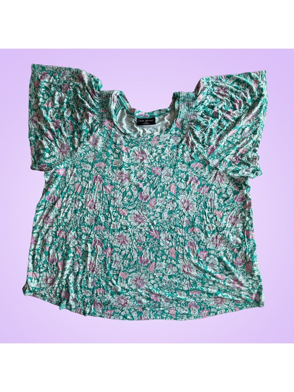 Lane Bryant 26/28 Green Floral Puff Sleeve Babydoll Top | Plus Size 4X Boho